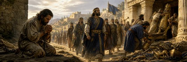A humbled Manasseh praying in captivity as his restored return and reforms appear beyond